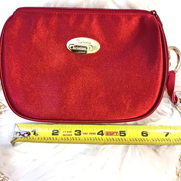DIOR CROSSBODY Purse 6.5x4 Red Satin Beaute bag added Crystal Tassel Gold Chain - Picture 15 of 16
